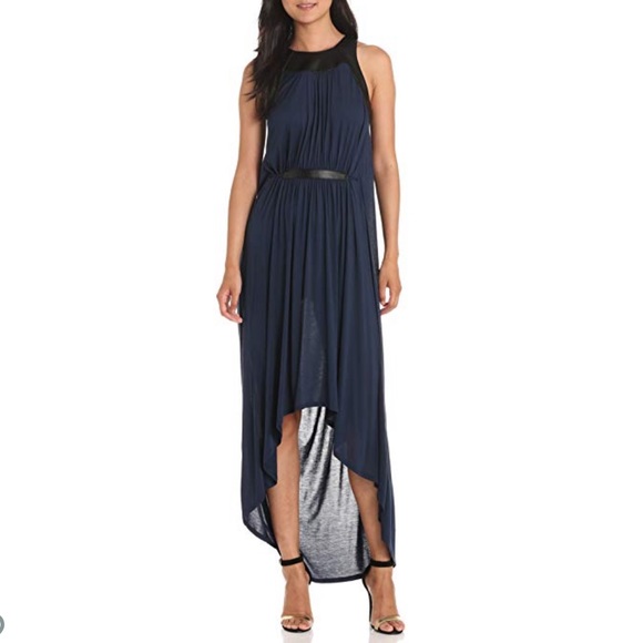 BCBGMaxAzria Dresses & Skirts - Navy Greek Goddess High-Low Dress Leather Trim